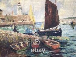 Antique Large Original Oil On Canvas At Italian Boat Harbor Signed G. Gabrielli