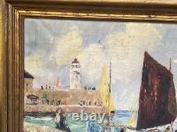 Antique Large Original Oil On Canvas At Italian Boat Harbor Signed G. Gabrielli