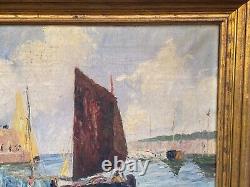 Antique Large Original Oil On Canvas At Italian Boat Harbor Signed G. Gabrielli