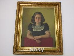 Antique Large Ornate Frame With Portrait Painting By Wilfred Duphiney Young Girl