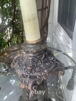 Antique Large Victorian Lion face base electrified Parlor Oil Lamp