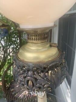 Antique Large Victorian Lion face base electrified Parlor Oil Lamp