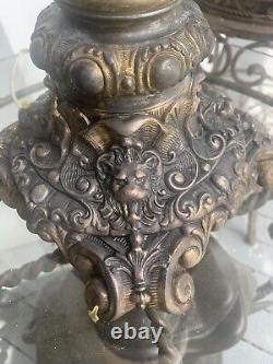 Antique Large Victorian Lion face base electrified Parlor Oil Lamp