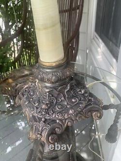 Antique Large Victorian Lion face base electrified Parlor Oil Lamp