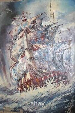 Antique Large oil painting landscape seascape sailing ship