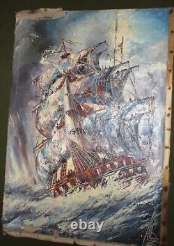 Antique Large oil painting landscape seascape sailing ship