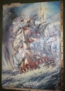 Antique Large oil painting landscape seascape sailing ship