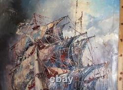 Antique Large oil painting landscape seascape sailing ship