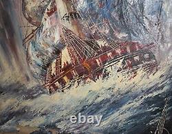 Antique Large oil painting landscape seascape sailing ship