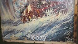 Antique Large oil painting landscape seascape sailing ship