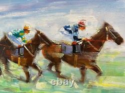 Antique MCM Signed Large Original Oil Painting Horse Racing in Motion Framed