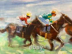 Antique MCM Signed Large Original Oil Painting Horse Racing in Motion Framed