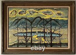 Antique MID Century Modern Abstract Bird Landscape Oil Painting Old Vintage 1960