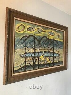 Antique MID Century Modern Abstract Bird Landscape Oil Painting Old Vintage 1960