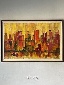 Antique MID Century Modern Abstract Cityscape Oil Painting Old Vintage Cubism 60