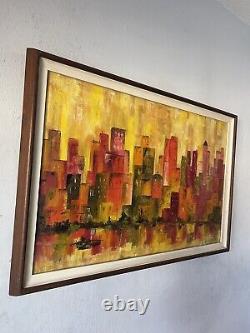 Antique MID Century Modern Abstract Cityscape Oil Painting Old Vintage Cubism 60