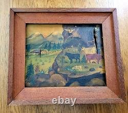 Antique Naive Folkart Oil Painting Framed Swiss Austria German Alpine Homestead