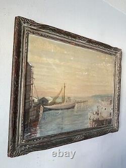 Antique Nautical Boat Dock Fisherman Seascape Oil Painting Old Vintage Duke 1946