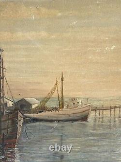 Antique Nautical Boat Dock Fisherman Seascape Oil Painting Old Vintage Duke 1946