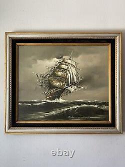 Antique Nautical Sailing Ship Oil Painting Vintage Boat Seascape Impressionist