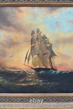 Antique Ocean Tall Ship Nautical Oil Painting Framed Unsigned 37.5 x 52 Estate