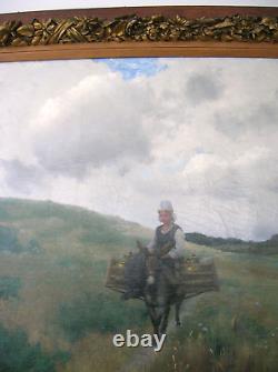 Antique Oil Canvas Chester Loomis sign 1885 HUGE ART Painting Normandy Milkmaid