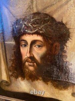 Antique Oil Canvas Painting Face Of Christ Veil Saint Veronica Crown Thorns 18th