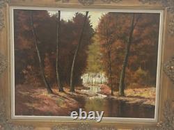Antique Oil Canvas Stream Autumn Forest Holland Signed Framed Painting Rare Old