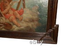 Antique Oil Italian Canvas Sacred Cherubim Angels Clouds Painting Rare Old 1700