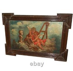 Antique Oil Italian Canvas Sacred Cherubim Angels Clouds Painting Rare Old 1700