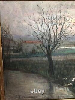 Antique Oil On Canvas Landscape Port Lafarge Winter Frame Wood Art Rare Old 20th