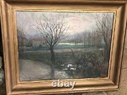 Antique Oil On Canvas Landscape Port Lafarge Winter Frame Wood Art Rare Old 20th