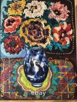 Antique Oil On Canvas Large Still Life Flowers In Vase Signed Job Goodman