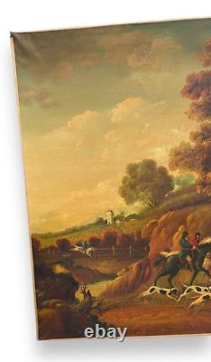 Antique Oil On Canvas Painting Hunting Venery Horse Dogs Landscape Rare Old 20th