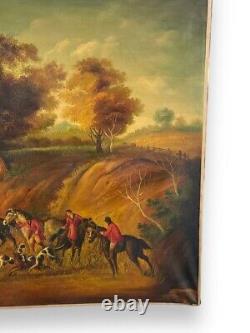 Antique Oil On Canvas Painting Hunting Venery Horse Dogs Landscape Rare Old 20th