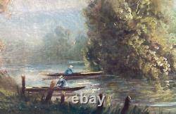 Antique Oil On Canvas Painting Landscape Lacustre Lake Boats Art Rare Old 19th