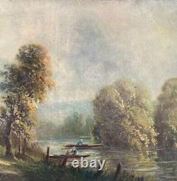 Antique Oil On Canvas Painting Landscape Lacustre Lake Boats Art Rare Old 19th