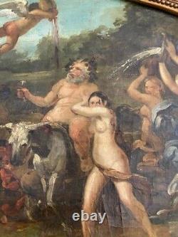 Antique Oil On Canvas Painting Silenus Crown Bacchantes Satyrs Art Rare Old 19th