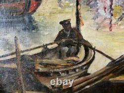 Antique Oil Painting 1873 Signed Cold Harbor Maine Fishing Sail Boats Large