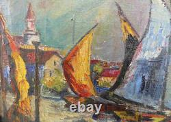 Antique Oil Painting 1873 Signed Cold Harbor Maine Fishing Sail Boats Large