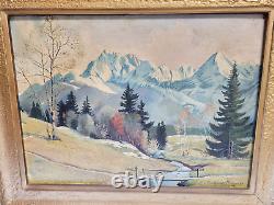 Antique Oil Painting 1940s Germany Forest Mountain Trees River Snow Landscape