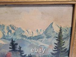 Antique Oil Painting 1940s Germany Forest Mountain Trees River Snow Landscape
