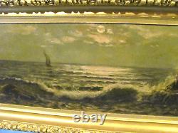 Antique Oil Painting A Moonlight Sail by Maine Coastline