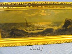 Antique Oil Painting A Moonlight Sail by Maine Coastline