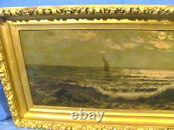 Antique Oil Painting A Moonlight Sail by Maine Coastline