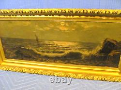 Antique Oil Painting A Moonlight Sail by Maine Coastline