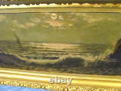 Antique Oil Painting A Moonlight Sail by Maine Coastline