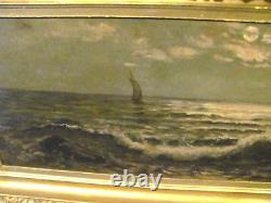 Antique Oil Painting A Moonlight Sail by Maine Coastline