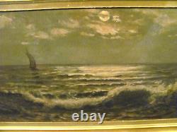 Antique Oil Painting A Moonlight Sail by Maine Coastline