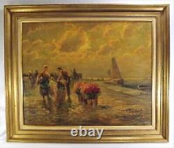 Antique Oil Painting Dutch Master Flower Scene w Harbor Artist Snd. Unreadable